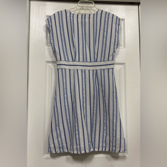 LOFT Blue and White Striped Button-Front V-Neck Dress - Picture 6 of 16